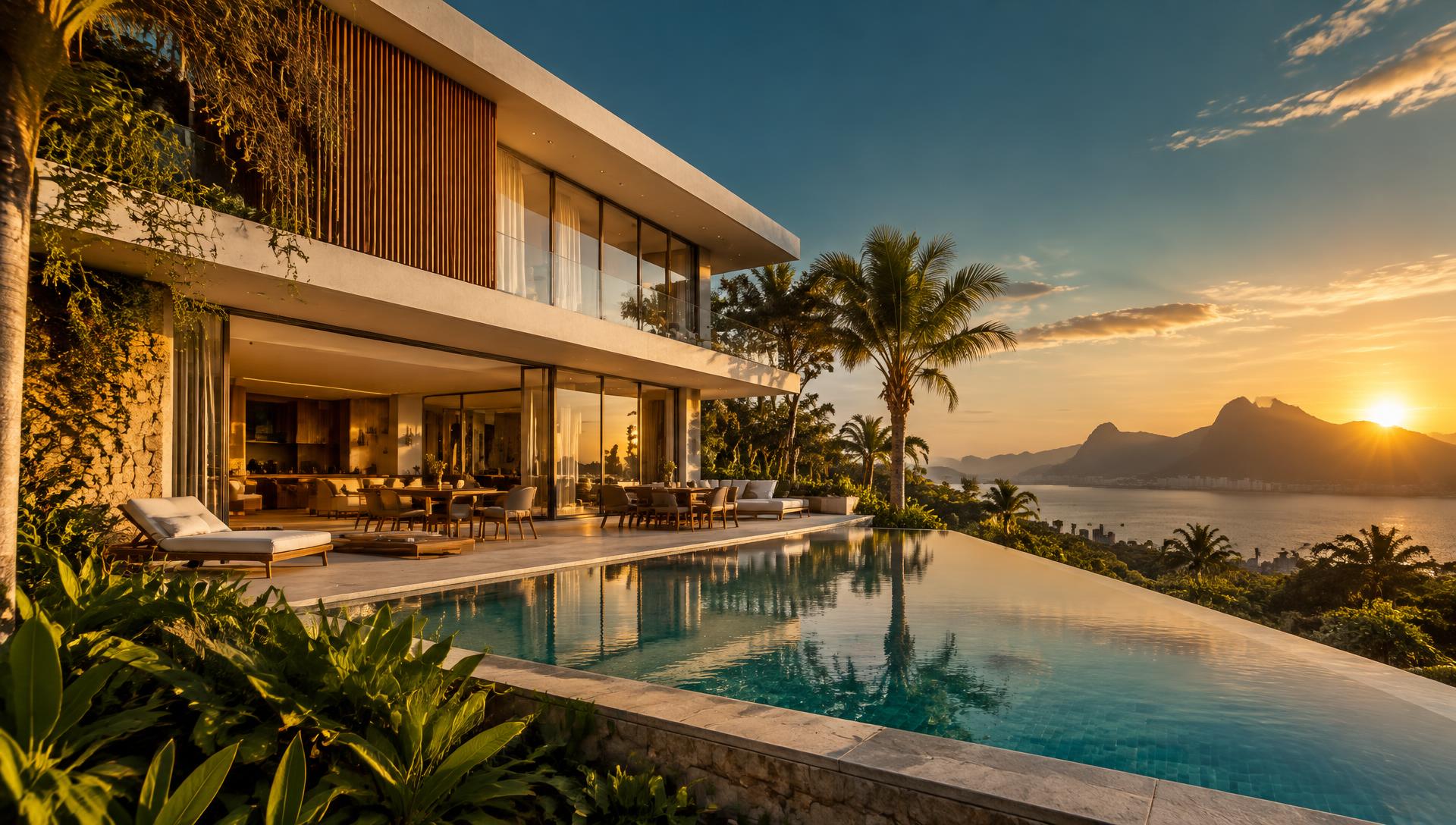 Fotografia arquitetônica ilustrativa de casa moderna envidraçada, piscina e espreguiçadeiras ao pôr do sol